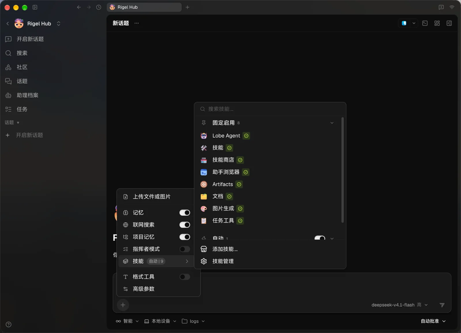 Rigel Hub 里的技能和记忆开关
